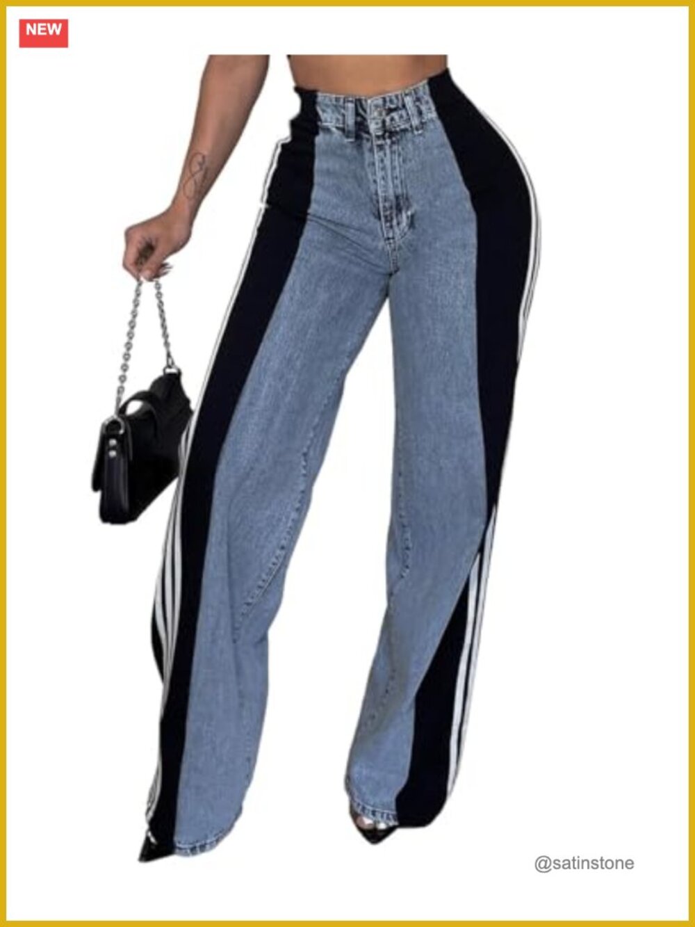 High Waisted Wide Leg Patchwork Striped Stretch Jeans Women Trendy Denim Pants